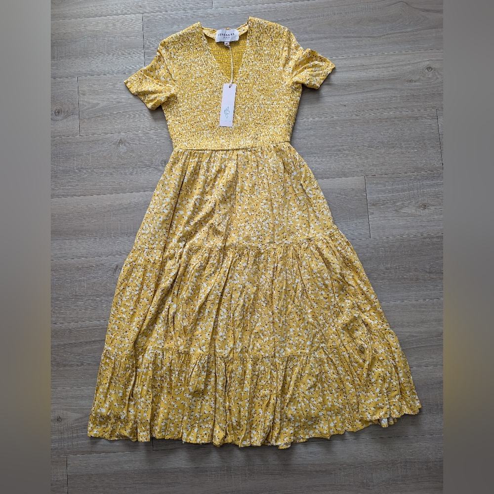NWT JESSAKAE Yellow Floral Midi Dress